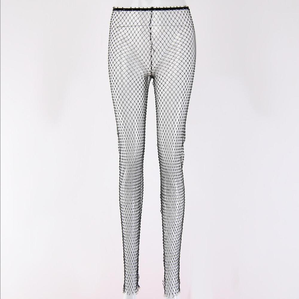 KFD008 Hot Style Sexy Women Rhinestone Diamonds Mesh Fishnet Sequin Bandage Trousers Crystal Mesh Pants