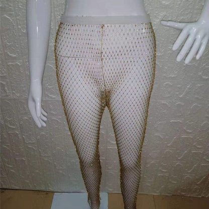 KFD008 Hot Style Sexy Women Rhinestone Diamonds Mesh Fishnet Sequin Bandage Trousers Crystal Mesh Pants