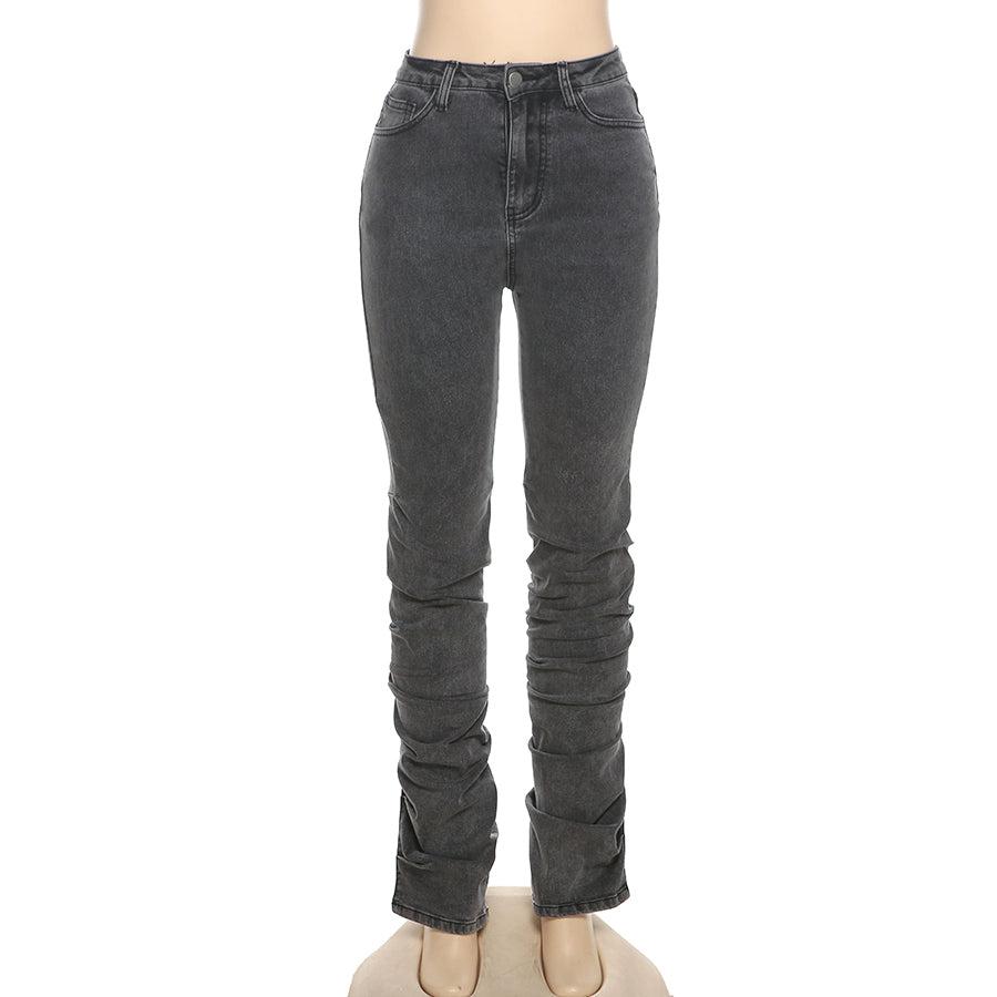 Kliou W21P04882 Newest Design Slim Cotton Jeans Women's Pants With Stacked Women's Trousers