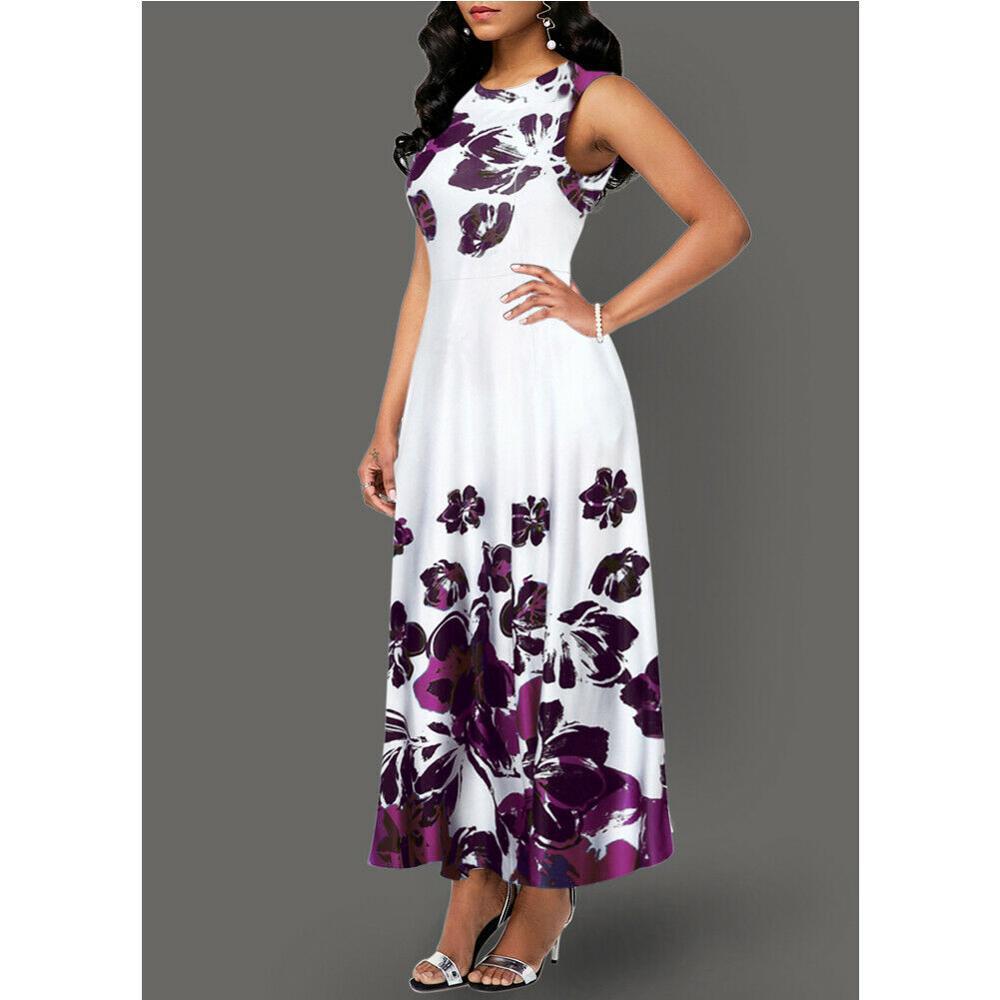 Large Size Elegant Women's Floral Print Long Maxi Dress Evening Party Beach Dress Summer Sleeveless Long Flower Sundress Costume