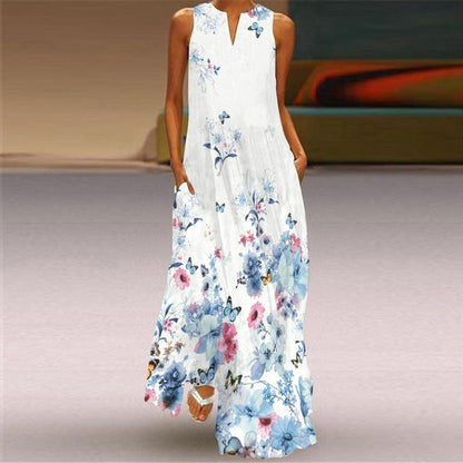 Large Size Elegant Women's Floral Print Long Maxi Dress Evening Party Beach Dress Summer Sleeveless Long Flower Sundress Costume