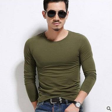 Men Elastic V-Neck Long Sleeve T-Shirt Male O-Neck Cotton and spandex thin T-Shirts Man Clothing T-Shirt Brand Tees