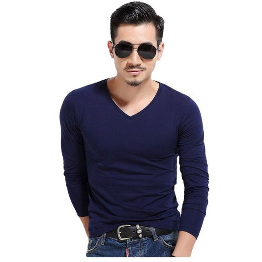 Men Elastic V-Neck Long Sleeve T-Shirt Male O-Neck Cotton and spandex thin T-Shirts Man Clothing T-Shirt Brand Tees