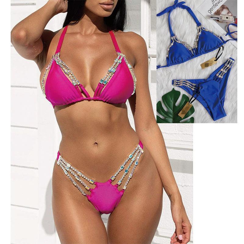 Open front bandage metal strap bikini top with brazilian thong bottom swimwear beachwear