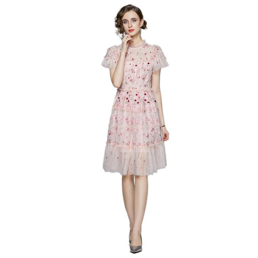 Round neck ruffle short sleeve mesh embroidery waist hemp short positioning floral dress YYX9710128