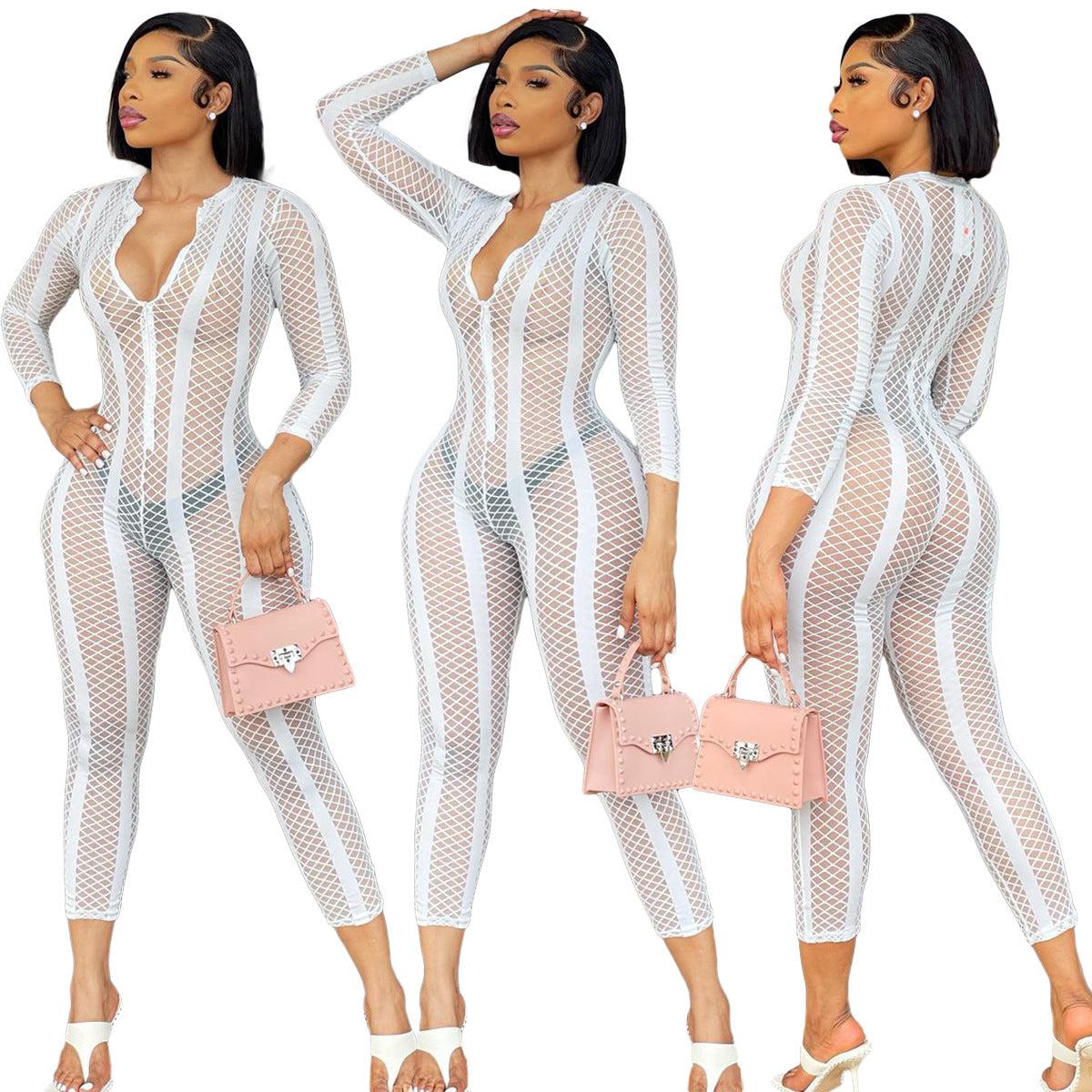 SAALS263 solid color transparent long sleeve bodycon sexy ladies long pants mesh see-through jumpsuit