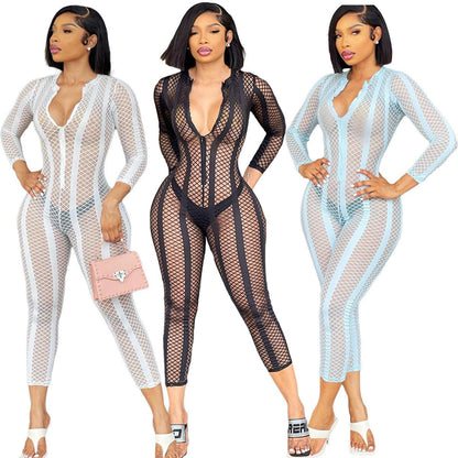 SAALS263 solid color transparent long sleeve bodycon sexy ladies long pants mesh see-through jumpsuit