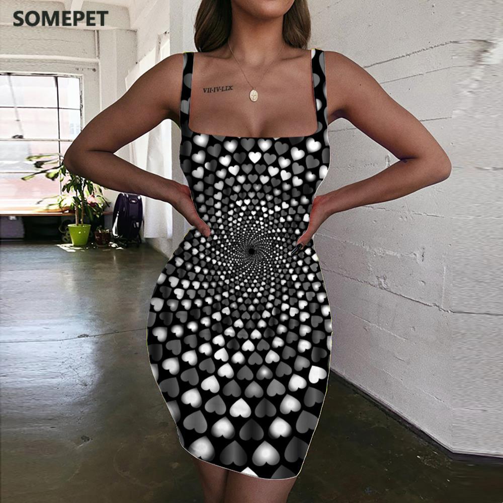 SOMEPET Dots Dress Women Black And White Sundress Graphics Bodycon