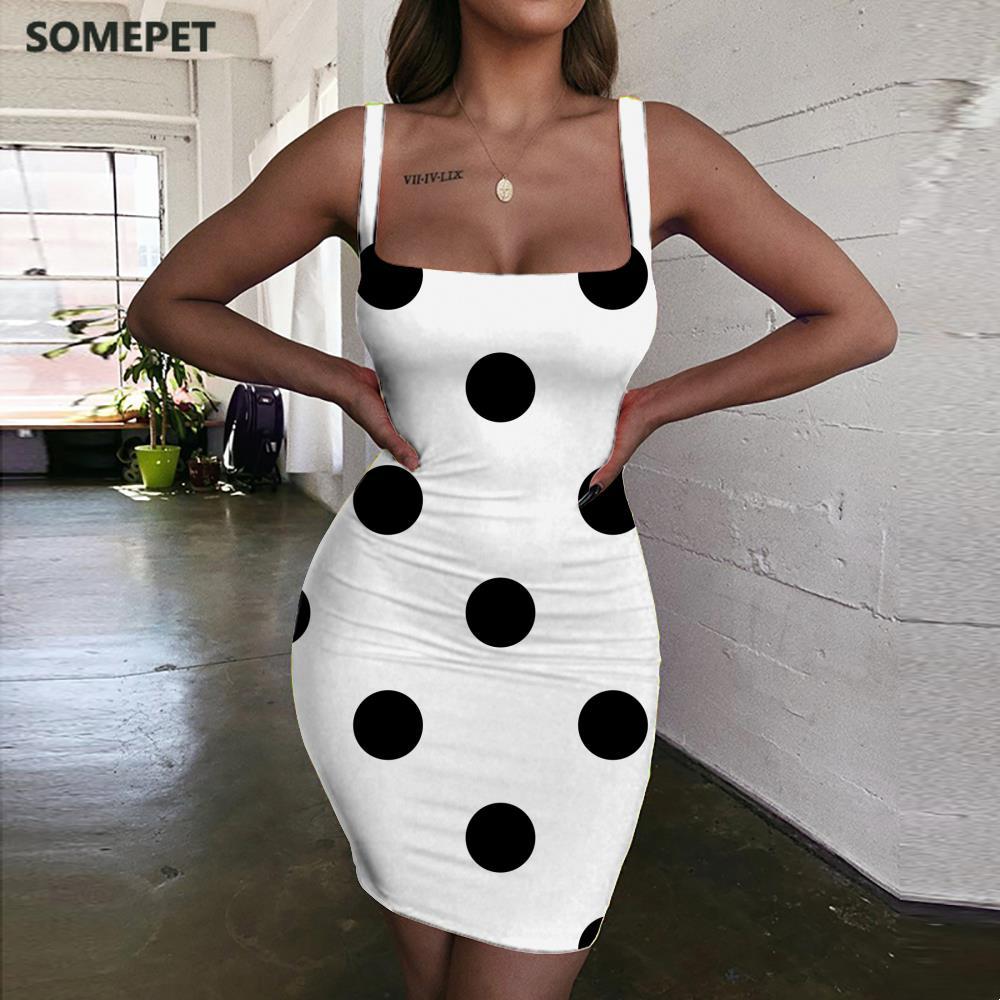 SOMEPET Dots Dress Women Black And White Sundress Graphics Bodycon