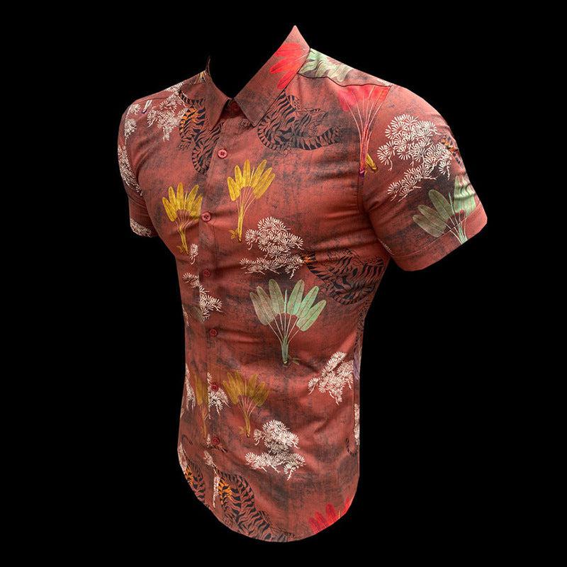 Summer Men Print Beach Hawaiian Shirt New Lapel Print Men's Short Sleeve Single-Breasted Shirt Loose Hawaiian Henley Casual Shir