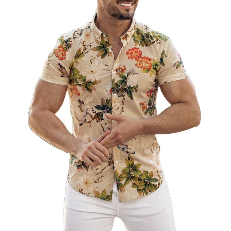 Summer Men Print Beach Hawaiian Shirt New Lapel Print Men's Short Sleeve Single-Breasted Shirt Loose Hawaiian Henley Casual Shir
