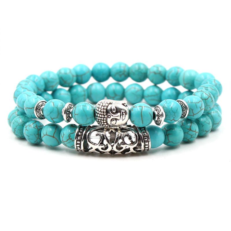 bohemian 8mm chain and bead bracelet set for men Natural turquoise Stone Silver Lion owl Buddha Head bracelet jewelry sets