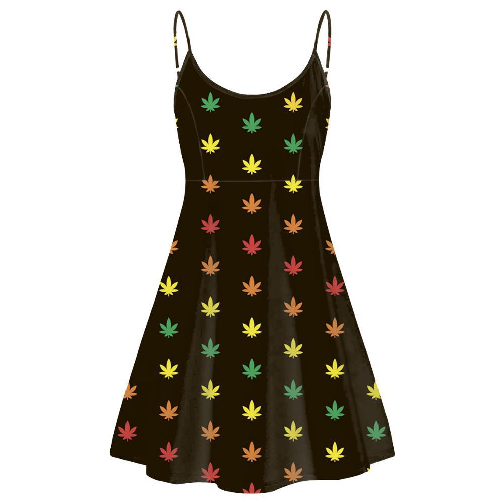 fashion yellow green hemp cannabis leaf seamless print women clothing sexy slip dress club backless sling dresses
